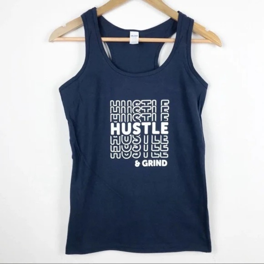 Gildan Hustle & Grind Graphic Racerback Tank Navy Blue Gym Top‎ Small